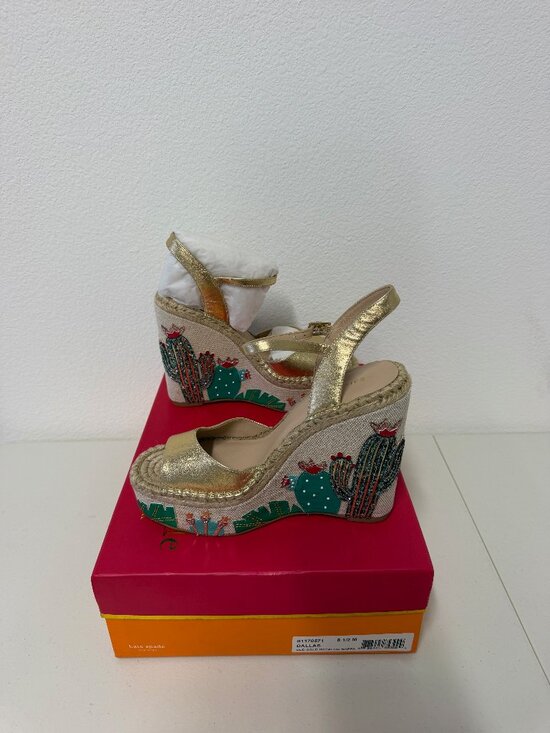 kate spade Shoes - Kate Spade Dallas Old Gold Leather Cactus Embroidered Wedge Sandals 8.5M